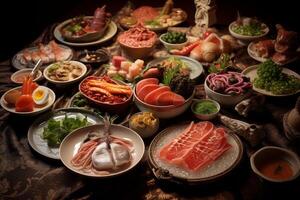 Medieval style feast presenting various exotic dishes on a table photo