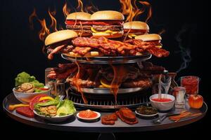 Delicious burgers, bacon and grilled meat with flames and condiments photo