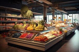 Fresh produce displaying on counter in modern supermarket photo