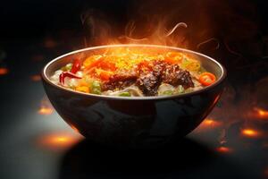 Steaming hot bowl of asian noodles with vegetables and beef releasing aromatic smoke photo