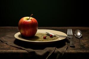 Red apple resting on plate with crumbs and berries, fork, knife, and spoon on dark wooden table photo