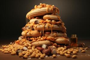 Peanut butter dripping over a stack of peanut cookies and nuts photo