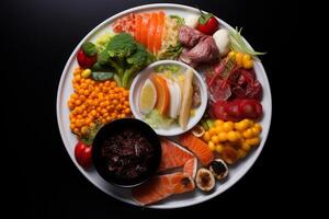 Colorful and diverse food displaying culinary delights on round plate photo