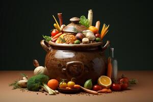 Large brown ceramic pot overflowing with fresh vegetables and herbs photo