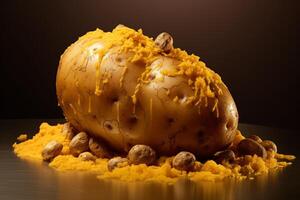 Potato sprinkled with powdered cheese and whole nuts resembling a volcano photo