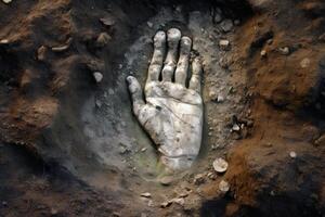 Fossilized hand emerging from ground during archaeological excavation photo
