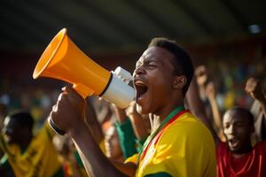Football fan supporting team using megaphone in stadium photo