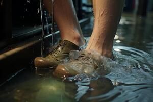 Worker submerging feet in water with safety shoes on photo