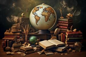 Illuminated world globe centered on a desk overflowing with antique books and collectibles photo