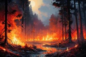 Wildfire burning through forest at sunset with river and smoke photo