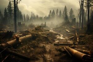 Destroyed forest showing environmental damage after wildfire or clearcutting for deforestation photo