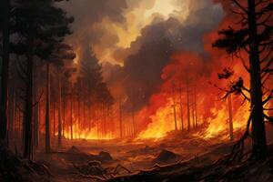 Devastating fire burning through forest at sunset creating infernal landscape photo