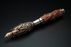 Elegant handcrafted pen lying on dark background photo