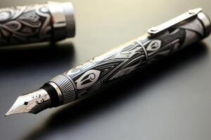 Elegant fountain pen with intricate design lying on dark surface photo