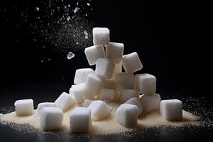 White sugar cubes falling on a pile of granulated sugar creating a pyramid shape photo