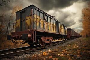Old rusty train leaving on railway in autumn dramatic landscape photo