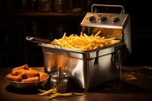 French fries emerging from professional deep fryer with fried chicken wings on the side photo