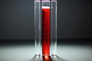 Graduated cylinder containing red chemical liquid stands between empty test tubes photo