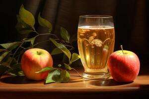 Glass of apple juice with apples and apple branch on wooden table photo