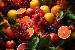 Fresh grapefruits, oranges, grapes and nectarines forming a colorful still life photo