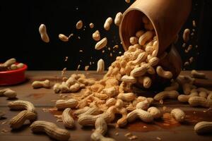 Peanuts falling from wooden bowl onto table with peanut butter photo