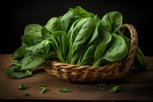 Fresh spinach leaves overflowing from a wicker basket on rustic wooden table photo