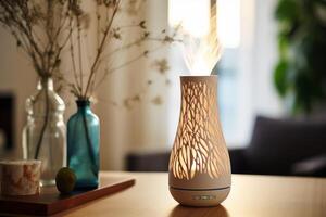 Modern essential oil diffuser releasing soothing aromatic mist in cozy home interior photo