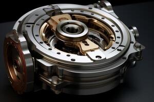 Complex clockwork mechanism rotating and showing its intricate gears photo