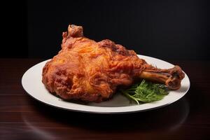 Crispy fried lamb shank resting on a bed of dill on a white plate photo