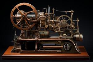 Complex mechanical device with gears and wooden wheel rotating on display photo