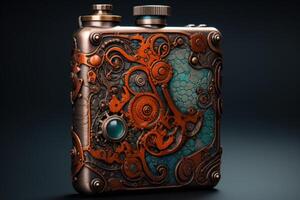 Steampunk flask showcasing intricate copper and turquoise design on dark background photo