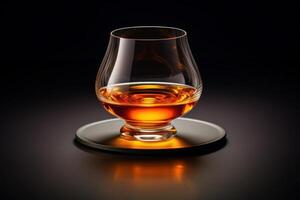 Glass of whisky resting on metallic coaster, reflecting on dark surface photo