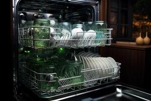 Open dishwasher showing clean plates, glasses and cutlery ready to be unloaded in modern kitchen photo