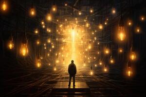 Man standing on wooden platform looking at bright light at the end of dark tunnel illuminated by hanging light bulbs photo