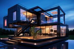 Modern container home reflecting in tranquil water at dusk photo