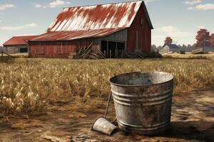 Rusty bucket and scoop resting in front of weathered barn in rural landscape photo