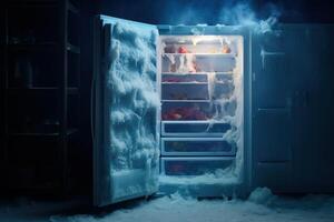 Open refrigerator covered with ice and spoiled food inside showing problems with cooling system photo