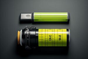 Two radioactive material containers lying on a table emitting a green glow photo