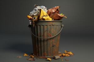 Overflowing rusty metal trash can filled with garbage and debris photo