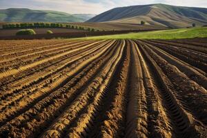 Plowed field creating parallel lines in agricultural landscape at sunset photo