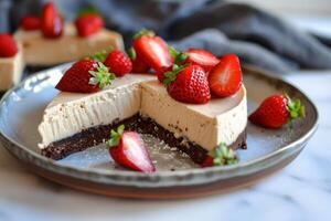Delicious no bake strawberry cheesecake resting on a plate photo