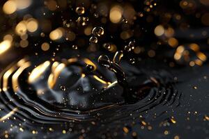 Dark liquid splashing with golden reflections and bubbles photo