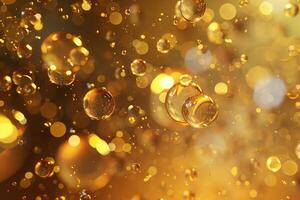 Golden oil bubbles floating and reflecting light creating a luxurious background photo