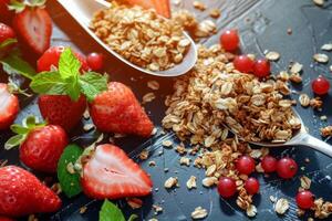 Spoons overflowing with granola, fresh strawberries and red currants creating a healthy breakfast scene photo
