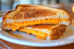 Delicious grilled cheese sandwich oozing with melted cheddar on white plate photo