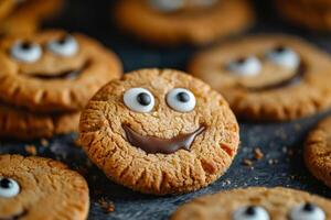 Funny smiling peanut butter cookies with chocolate and candy eyes resting on dark surface photo
