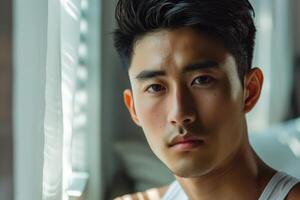 Young asian man posing near window with serious expression photo