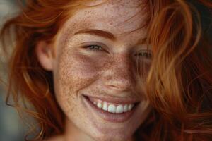 Portrait of smiling redhead woman with freckles showing happiness and joy photo