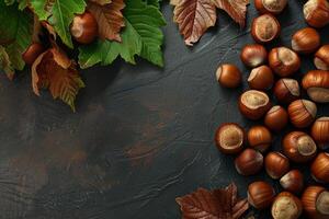 Hazelnuts and autumn leaves creating a rustic still life on dark background photo