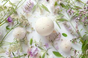 Natural bath bomb surrounded by colorful flowers and herbs, creating a relaxing spa and aromatherapy experience photo